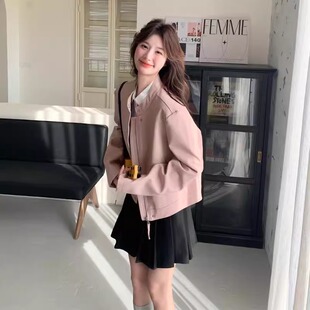 粉色皮衣女春秋新款小众设计感宽松休闲韩版机车PU皮夹克短款外套