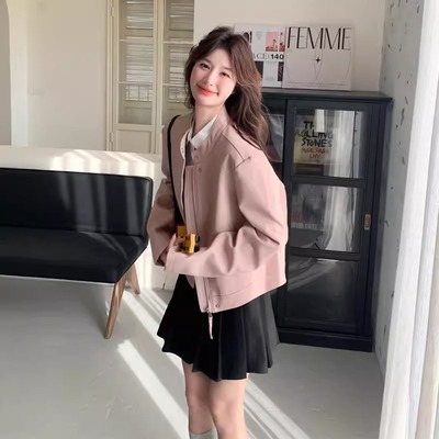 粉色皮衣女春秋新款小众设计感宽松休闲韩版机车PU皮夹克短款外套