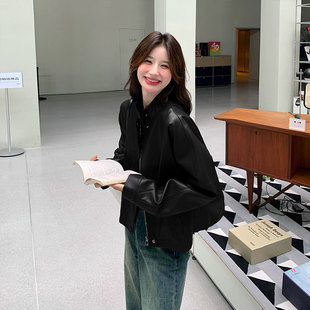 超好看黑色皮衣外套女早秋2024新款 复古夹克上衣 高级感小个子短款