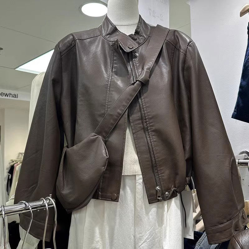 立领拉链气质pu皮衣外套2025春季新款复古休闲韩版短款显瘦机车服