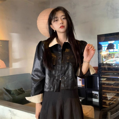 机车服翻领撞色PU皮衣外套女秋季2024新款小个子宽松短款夹克上衣