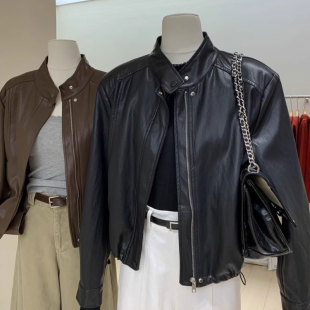 立领皮衣外套女2025秋两色休闲下摆抽绳收腰显瘦宽松短款 夹克外套