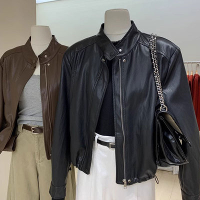 立领皮衣外套女2025秋两色休闲下摆抽绳收腰显瘦宽松短款夹克外套