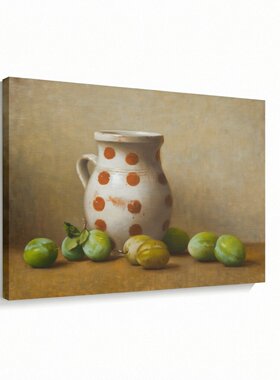 无框画Henrietta复古暖棕陶壶水果青李子艺术餐厅客厅装饰画挂画