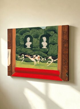 无框画Yukiko复古欧式灵缇犬墨绿园林餐厅高级艺术客厅装饰画挂画