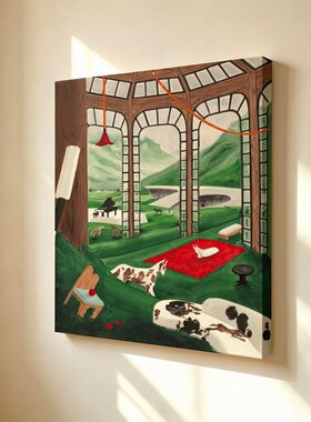 无框画Yukiko复古中古风穹顶骏马青绿餐厅小众艺术客厅装饰画挂画