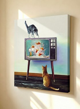 无框画Timothy搞怪复古电视橘猫静坐看鱼缸复卧室客厅装饰画挂画