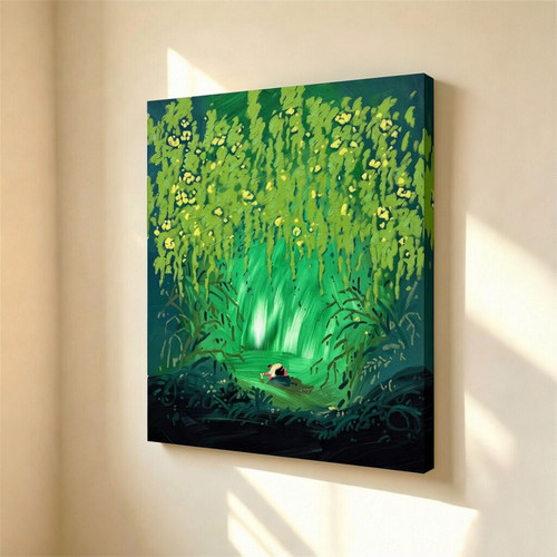 无框画ohjpaint梦幻绿光瀑布垂藤黄花秘境水潭卧室客厅装饰画挂画