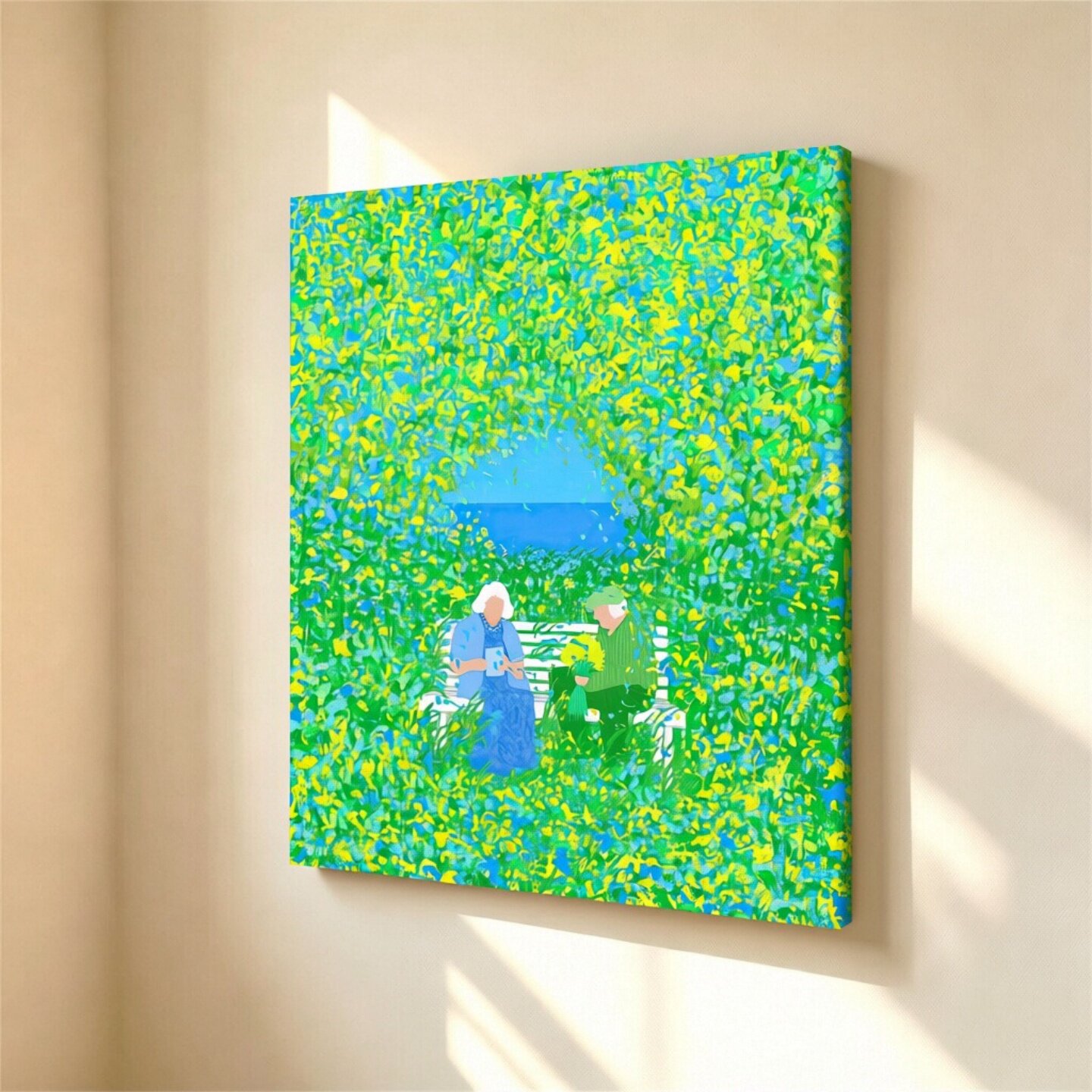 无框画fridaock黄绿花海长椅相伴老人清新治愈卧室客厅装饰画挂画
