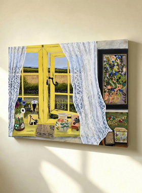 无框画GaryBunt欧式复古窗景静物明黄窗框蕾丝氛围感客厅装饰挂画
