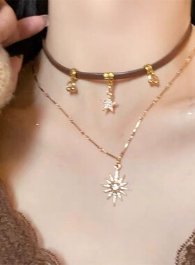 SJP时尚美拉德太阳花吊坠双层百搭项链