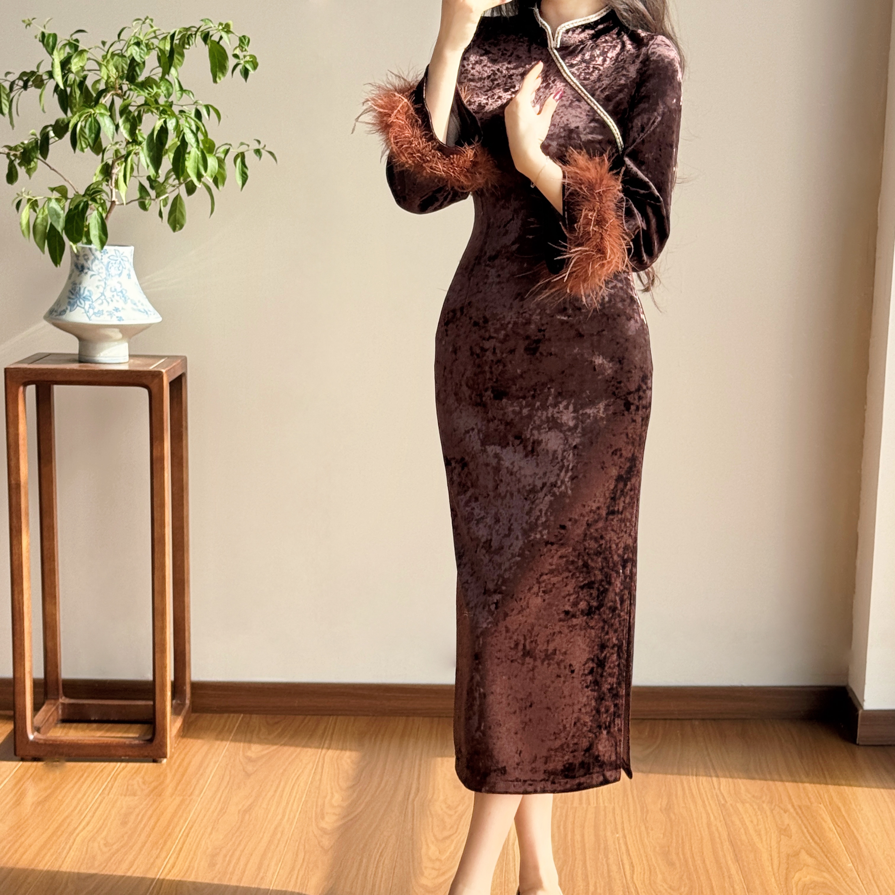 起源学新中式改良旗袍丝绒连衣裙