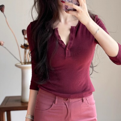 新款春秋季打底上衣V领