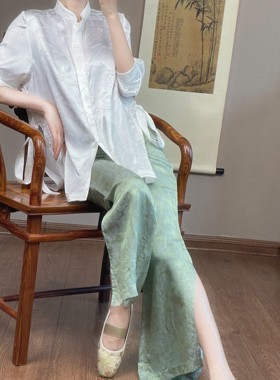 原创小众设计新中式裤子女春夏真丝提花裤子白色气质国风女裤