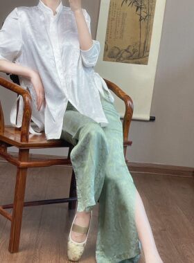 起源学新中式真丝提花女裤