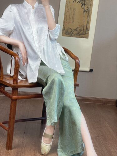 起源学新中式真丝提花女裤