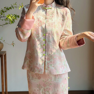 新中式立领醋酸提花短外套女