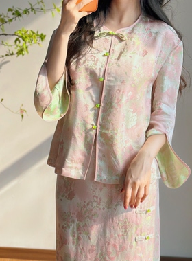 春季新中式国风圆领提花衬衫女长袖精致小众上衣轻熟优雅风衬衣