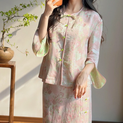 春季新中式圆领提花长袖女衬衫