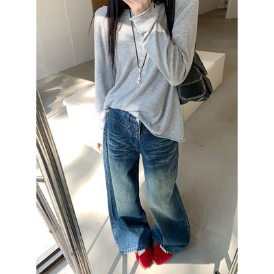 欧尼不胖复古折痕牛仔裤女胖mm春季设计感遮胯宽松直筒水洗裤子