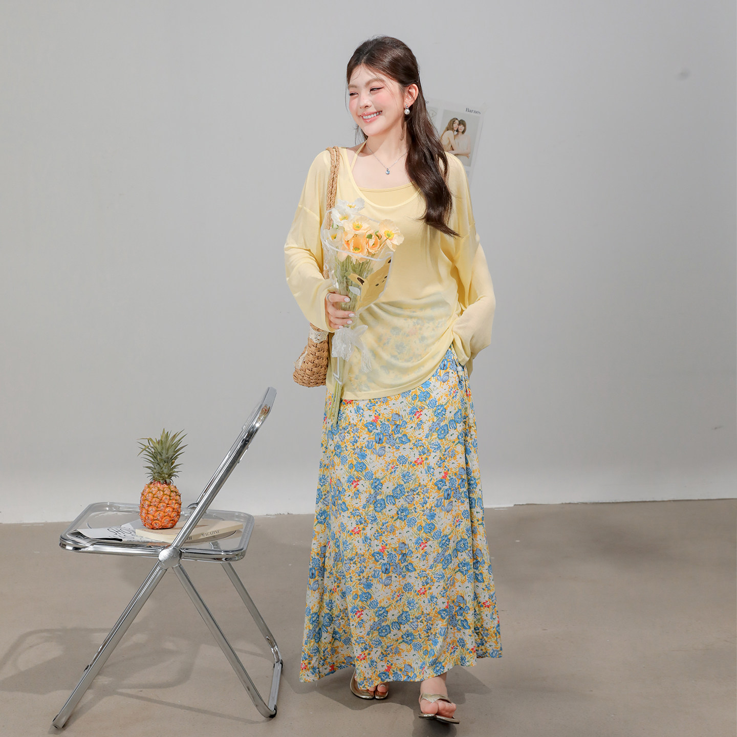 欧尼不胖2026新款胖mm防晒罩衫吊带碎花半身裙独特漂亮初夏套装