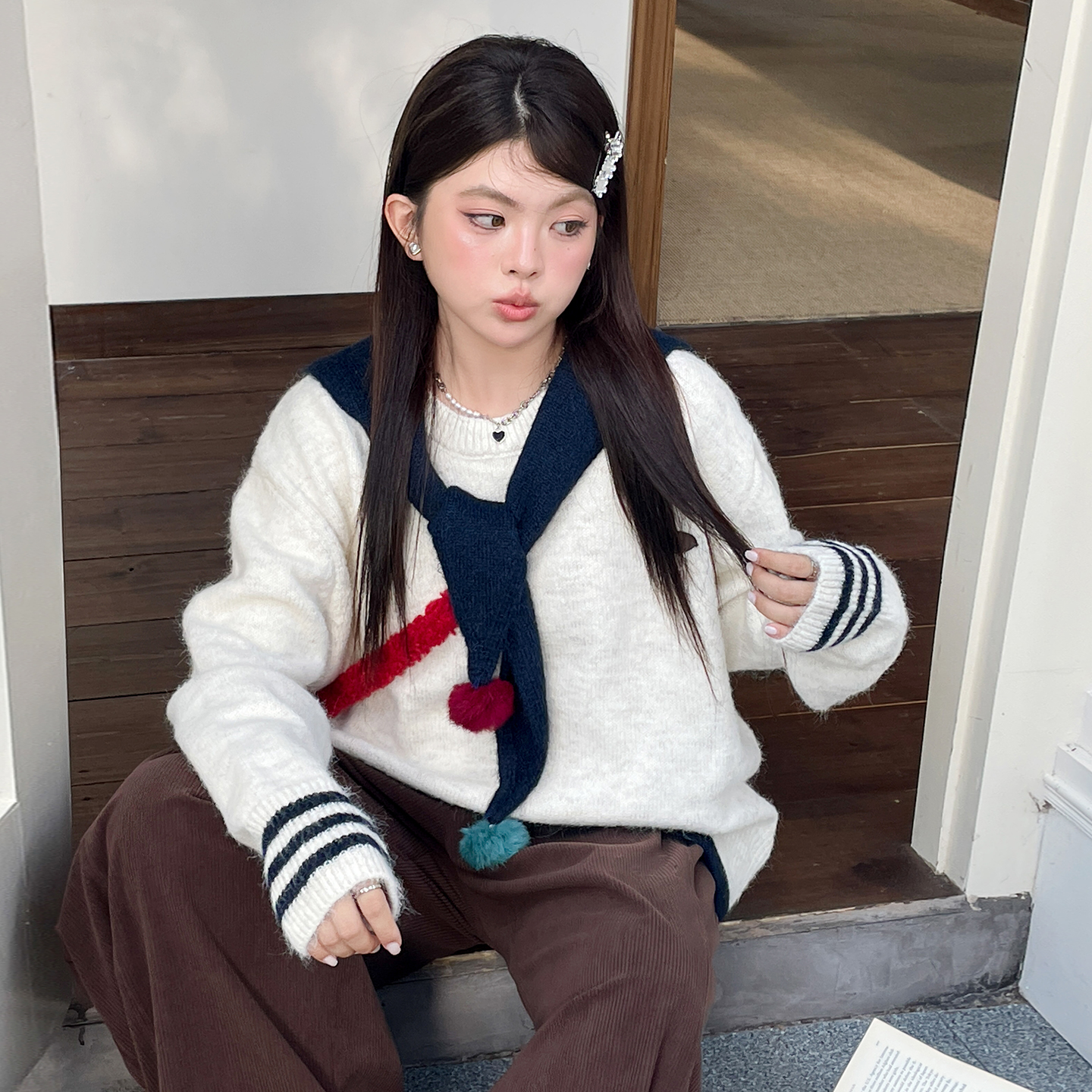 欧尼不胖甜美少女感圆领长袖针织衫秋季设计感披肩系带套头毛衣潮