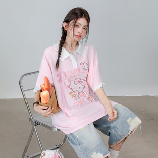 欧尼不胖大码微胖mm粉色甜美风KT猫荷叶边减龄显瘦短袖T恤女夏季