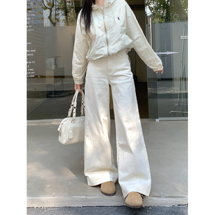 欧尼不胖大码高腰微喇白色牛仔裤女胖mm春季垂感宽松直筒阔腿裤子