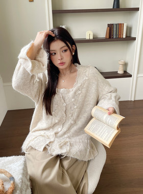 欧尼不胖大码女装新款镂空钩花开衫针织毛衣内搭吊带上衣两件套装