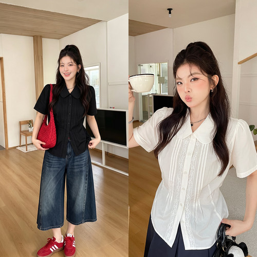 欧尼不胖大码女装新款微胖mm娃娃领蕾丝短袖衬衫收腰显瘦小衫上衣