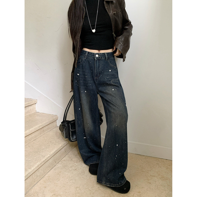 欧尼不胖美式复古重工烫钻牛仔裤女秋冬加绒高腰显瘦阔腿裤拖地裤