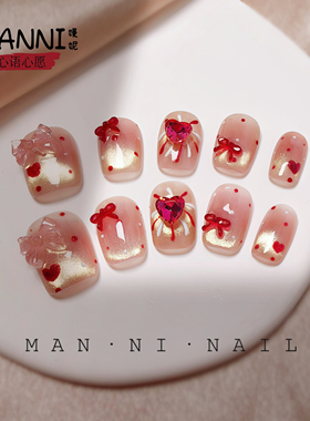 MANNI[心语心愿]手工穿戴甲短款猫眼ins爆闪小灯泡气质显白不伤甲