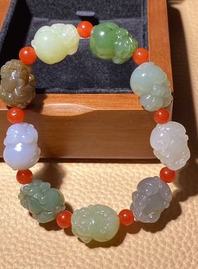 天然新疆和田玉碧玉白玉纯手工雕刻多宝手链招财生肖元宝猪手串