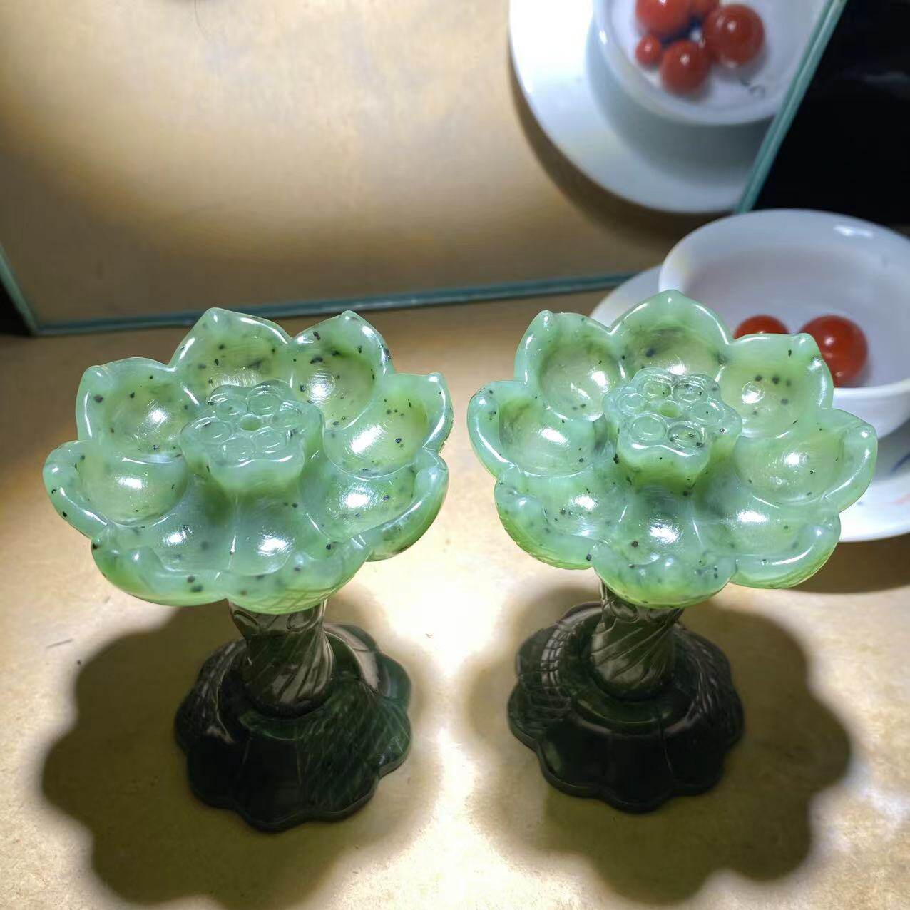 天然和田玉俄罗斯碧玉乌兰海碧玉莲花香插烛台小摆件装饰