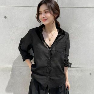 法式 春夏松弛感黑色亚麻衬衫 女长袖 翻领百搭气质上衣 棉麻防晒衬衫