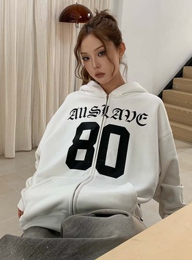 A11SLAVE美式复古梵文印花秋冬季拉帽卫衣宽松拉链开衫情侣款外套