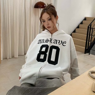 情侣款 拉帽卫衣宽松拉链开衫 外套 复古梵文印花秋冬季 A11SLAVE美式