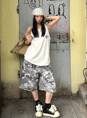 A11SLAVE美式复古刺绣迷彩工装短裤男女款夏季薄款裤子高街五分裤