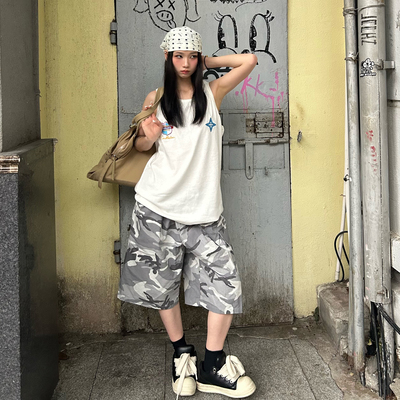 A11SLAVE美式复古刺绣迷彩工装短裤男女款夏季薄款裤子高街五分裤