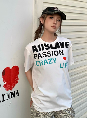 A11SLAVE字母标语排版印花速干紧身短袖正肩微弹修身男女短款T恤