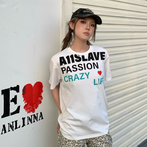 A11SLAVE字母标语排版印花速干紧身短袖正肩微弹修身男女短款T恤