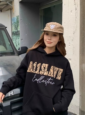 A11SLAVE秋冬季豹纹字母贴布绣刺绣潮情侣款男女宽松上衣连帽衫