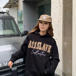 A11SLAVE秋冬季豹纹字母贴布绣刺绣潮情侣款男女宽松上衣连帽衫