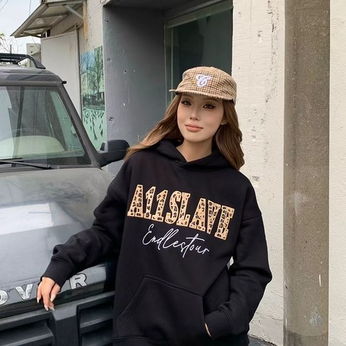 A11SLAVE秋冬季豹纹字母贴布绣刺绣潮情侣款男女宽松上衣连帽衫