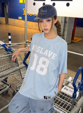 A11SLAVE印花球服圆领撞色短袖t恤男女夏季美式复古运动宽松上衣