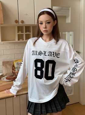 A11SLAVE梵文印花贴布绣球衣男美式套头圆领速干网眼运动长袖罩衫