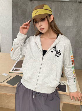 A11SLAVE美式复古哥特风字母刺绣短款开衫卫衣秋季辣妹百搭长袖