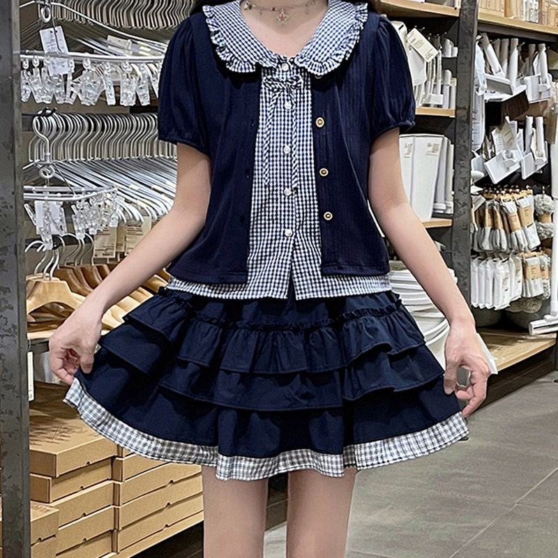 超好看学院风两件套裙子初高中学生夏装藏青色拼小格子套装连衣裙