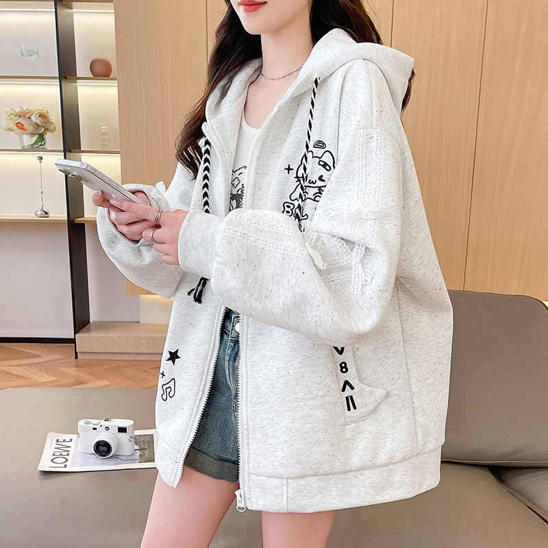 韩系少女风蕾丝蝴蝶结连帽卫衣外套女春秋新款宽松学生休闲棒球服