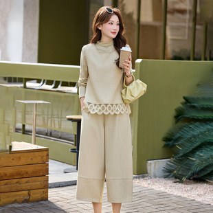 时尚套装2026新款春季气质休闲蕾丝拼接马甲打底衫长裤三件套裤女